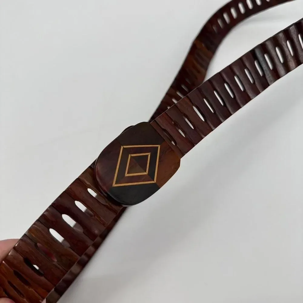 Vintage Wood Inlay Click Belt Diamond Size S-M Boho Western
